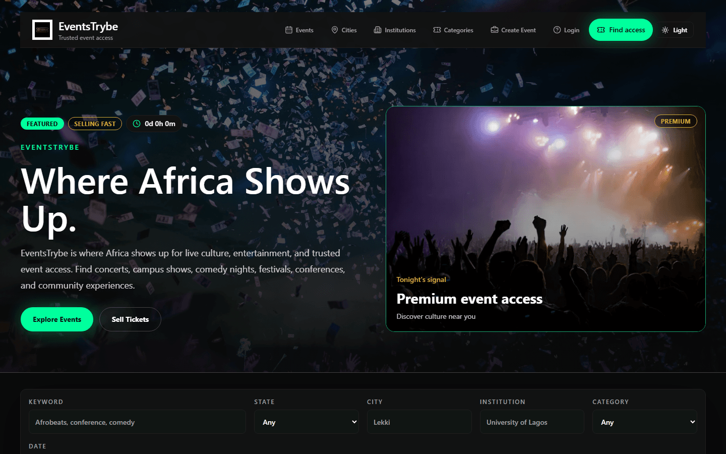 EventsTribe live homepage